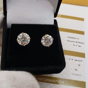 14K Solid Yellow Gold 4 Carats Moissanite Diamond Stud Earrings D-FL